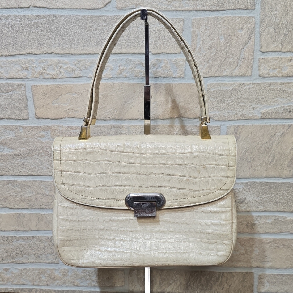 VTG KORET CREAM CROC EMBOSSED LEATHER Adjustable Handle Attached Change Purse